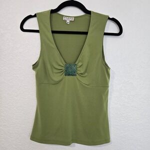 Soulmates Y2K Tank Top M Green Beaded V Neck Sleeveless Women's Top